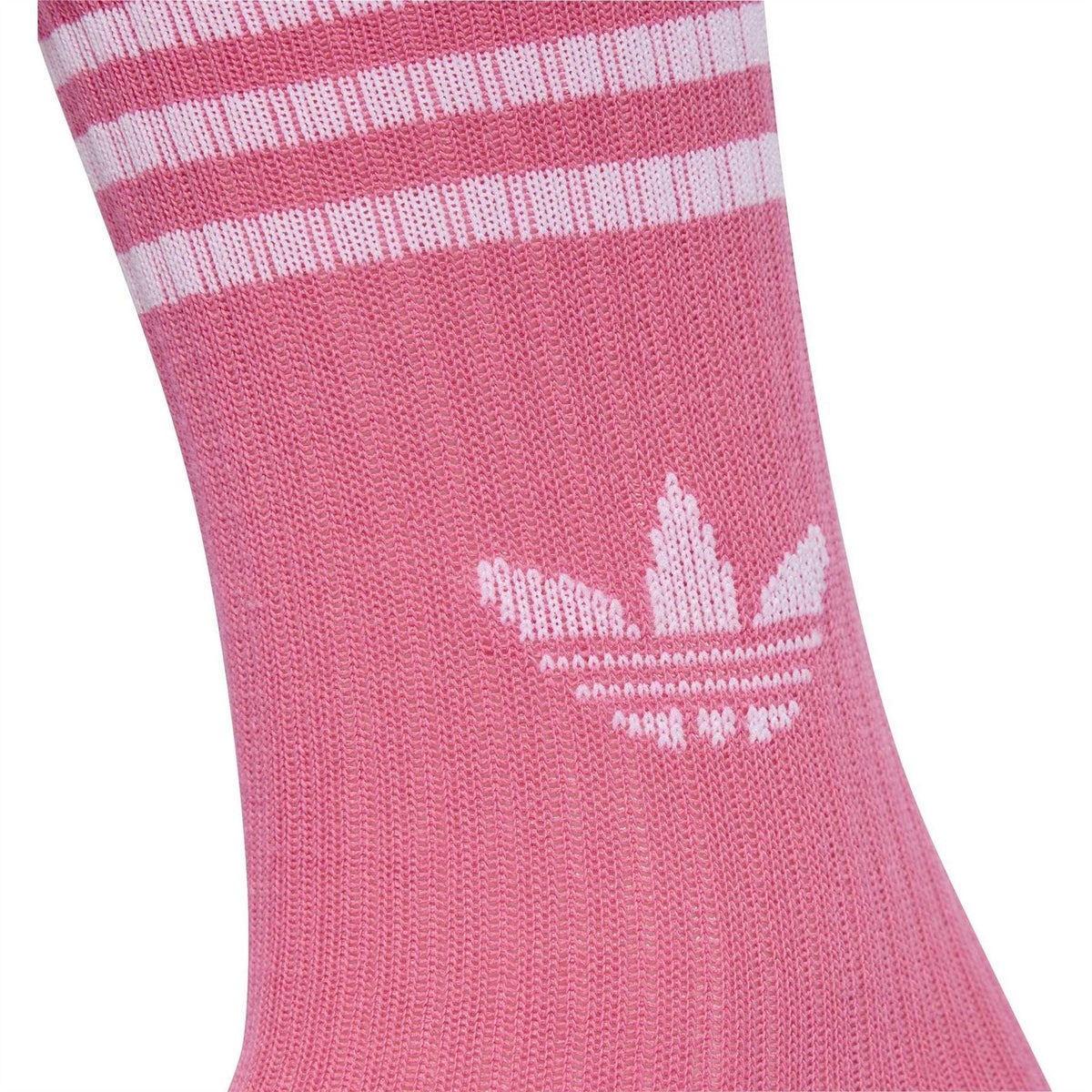 Pink crew sock with adidas logo and striped cuff, ribbed knit construction.