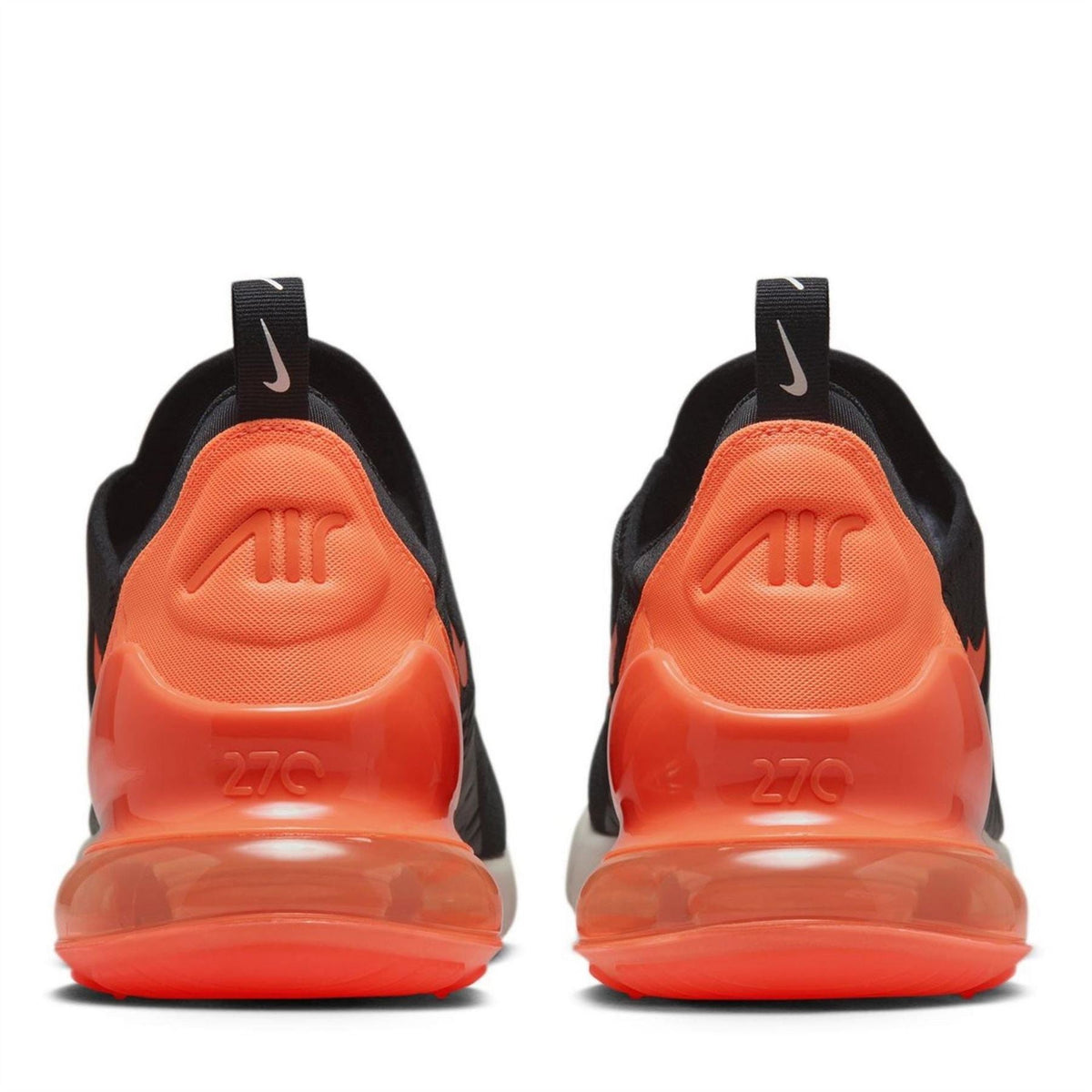 Nike Air Max 270 heel close-up in black with orange translucent air unit