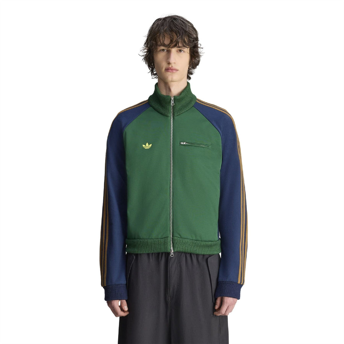 Green and navy track top with stand collar, full zipper, and gold triple stripe sleeves