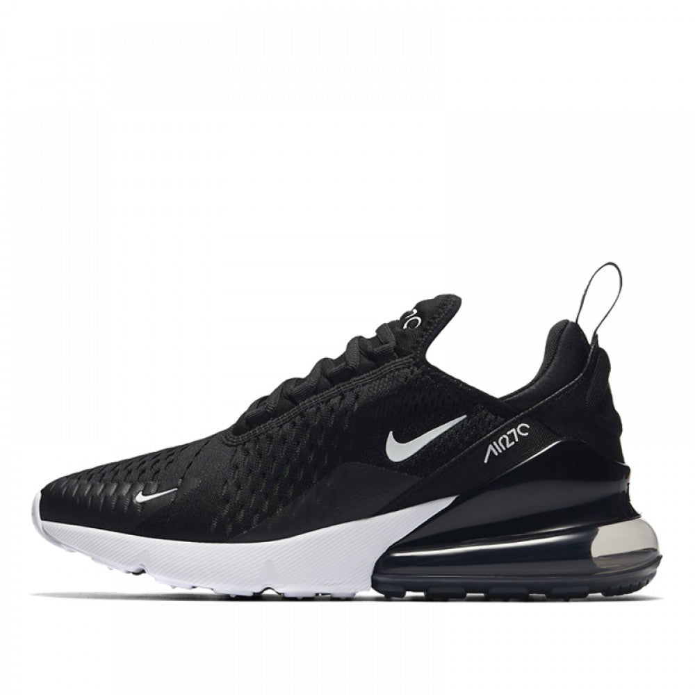 Women's Nike Air Max 270 running sneakers, black mesh with white sole accents