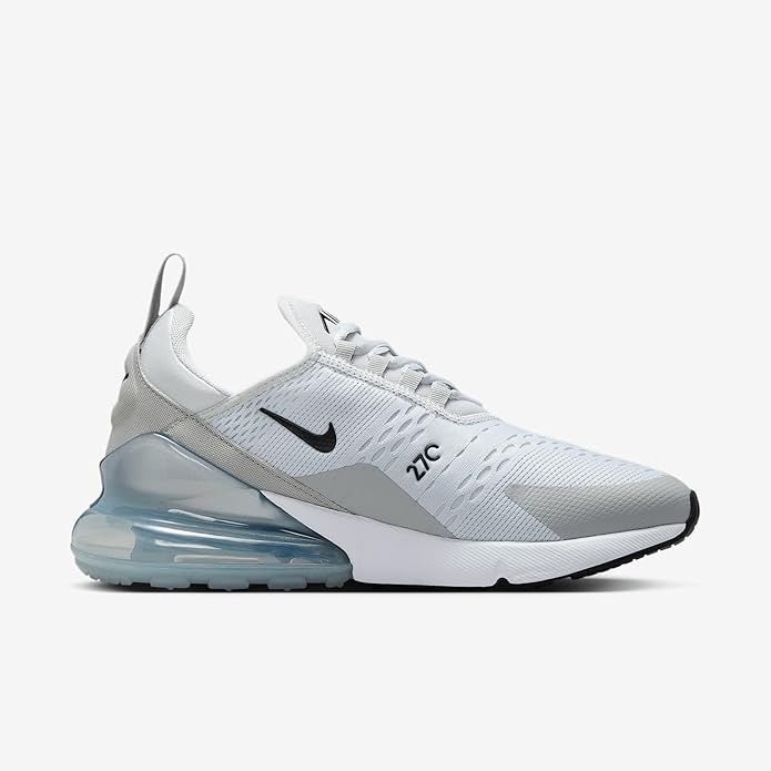Women's Nike Air Max 270 sneakers, gray knit upper with swoosh and blue translucent sole