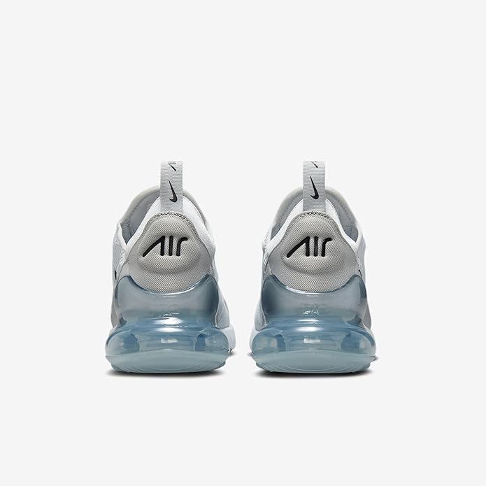 Women's Nike Air Max 270 sneakers, back view with gray heel and blue air unit