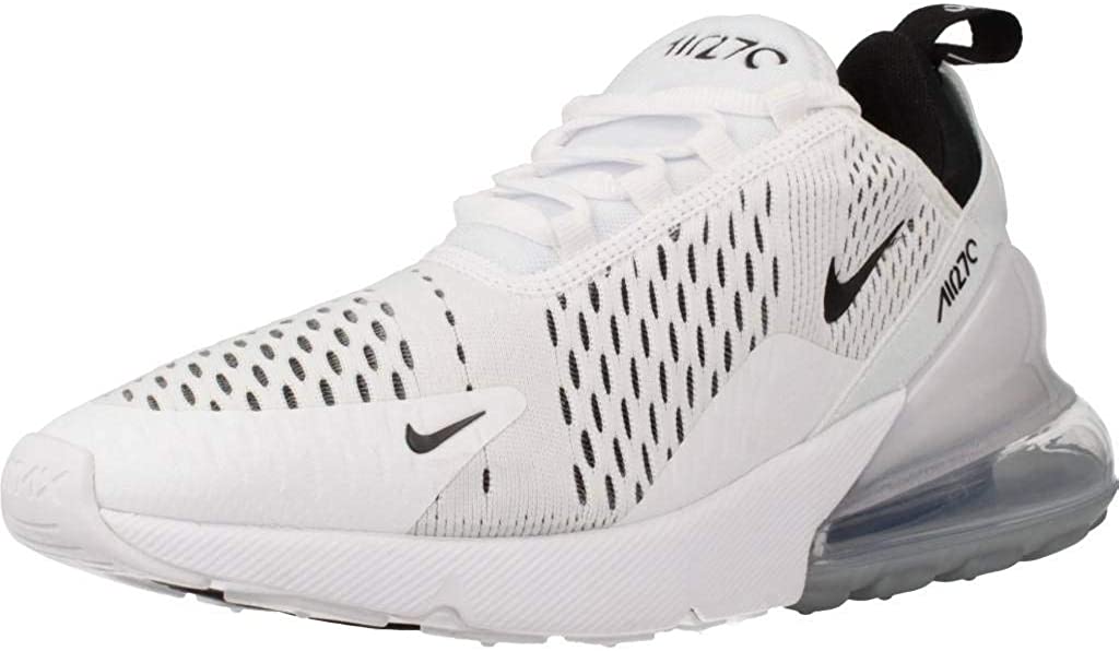 Women's Nike Air Max 270 sneakers, white knit upper with black Swoosh and air-cushioned sole