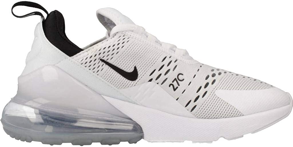 Women's Nike Air Max 270 sneakers, white knit side with black Swoosh and clear air midsole