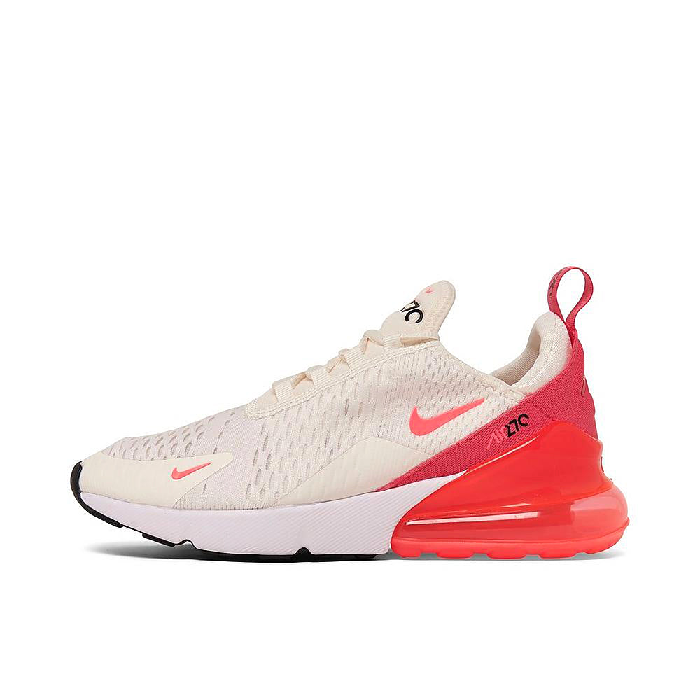 Women's Nike Air Max 270 sneakers in sail with hot pink accents, lace-up.