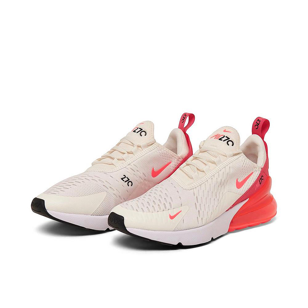 Women's Nike Air Max 270 lace-up sneakers, sail upper with hot pink swoosh and heel.