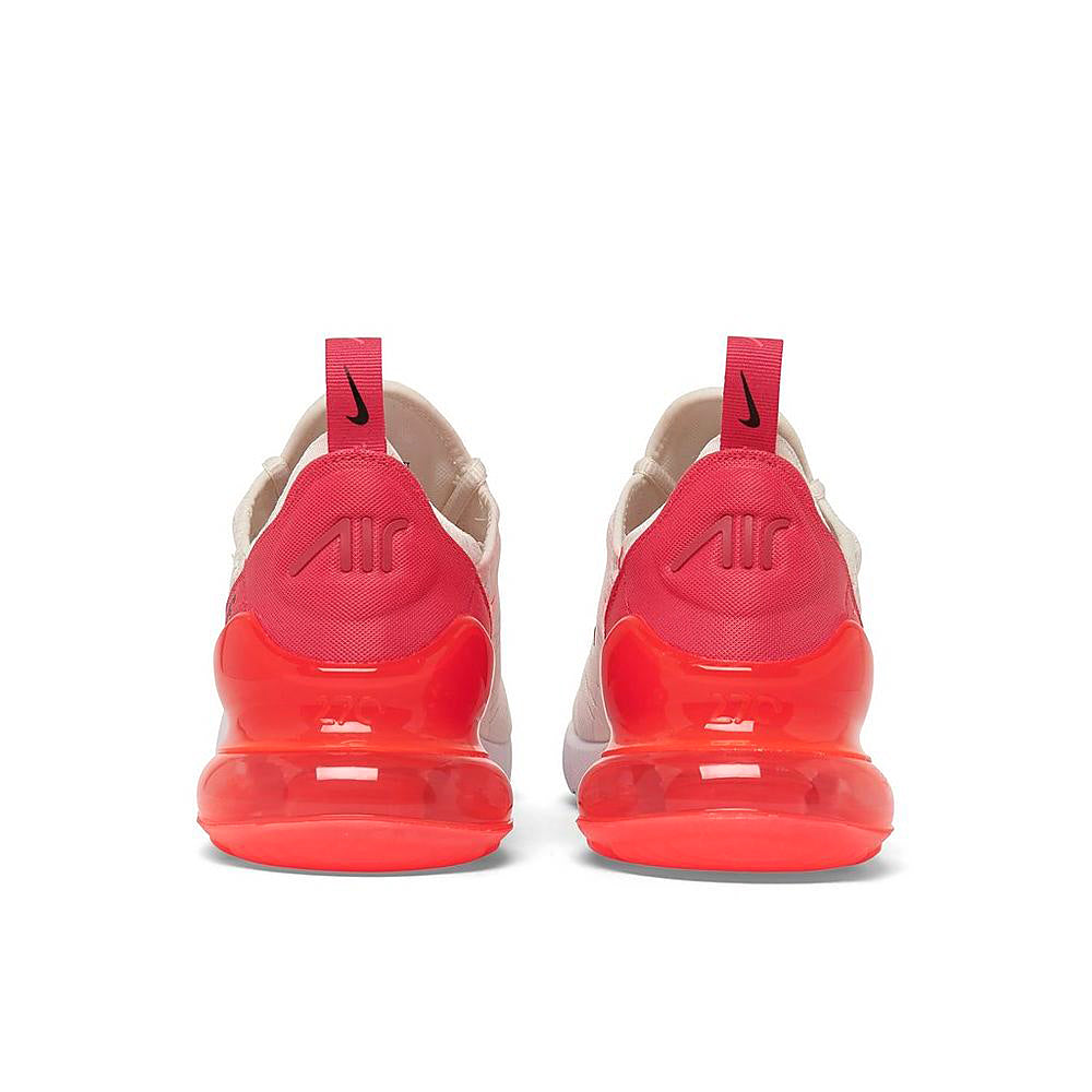 Women's Nike Air Max 270 sneakers, rear view with hot pink heel pods and sail upper.