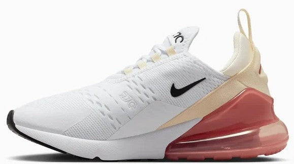 Nike Air Max 270 sneakers, white knit with black swoosh, beige accents, red air sole