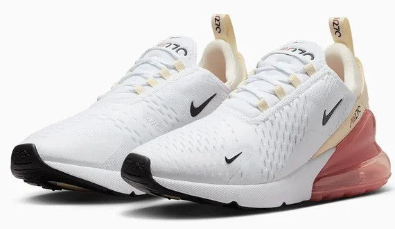 Nike Air Max 270 sneakers with white knit upper, black swooshes, red heel air pods