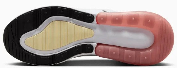 Nike Air Max 270 sneakers outsole, black tread with beige interior and pink air unit