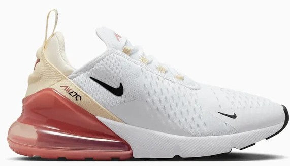 Nike Air Max 270 sneakers, white knit with black swoosh and red air sole