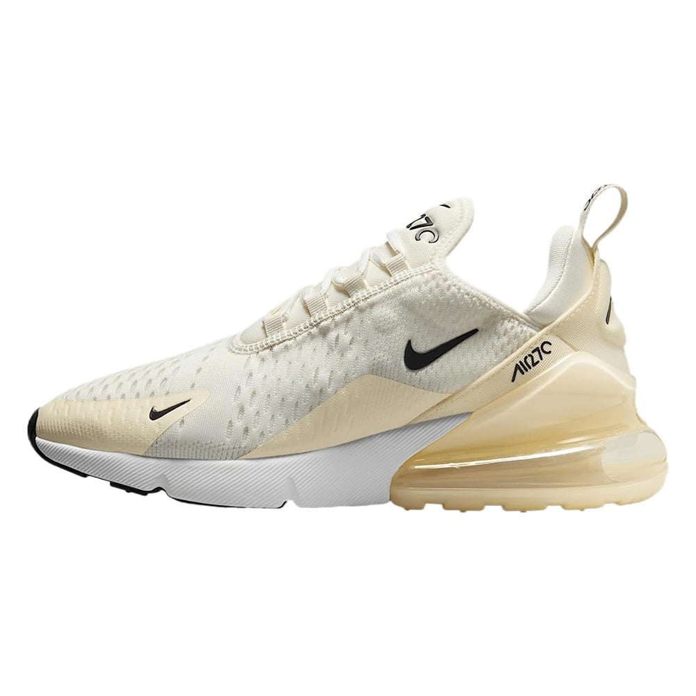 Women's Nike Air Max 270 running shoe, sail knit upper with black swoosh and trim