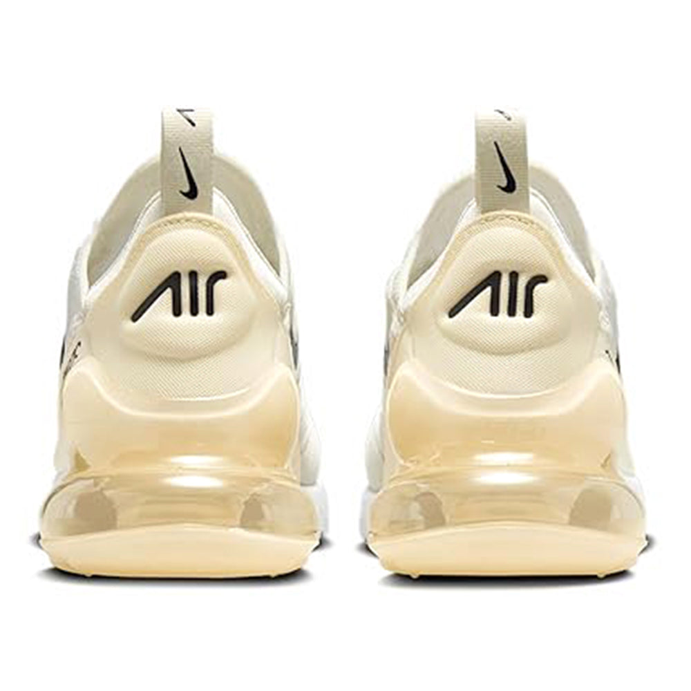 Women's Nike Air Max 270 heel view with Air branding and glossy tan air unit