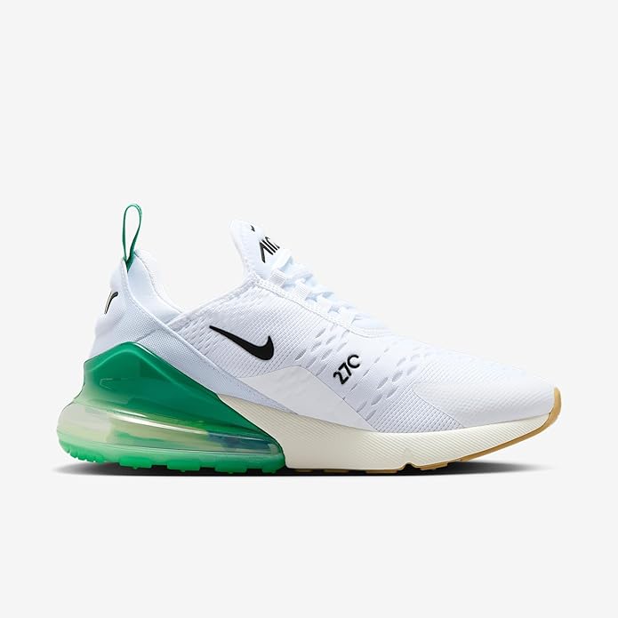 Nike Air Max 270 women's running shoe, white upper with black logo and green Air