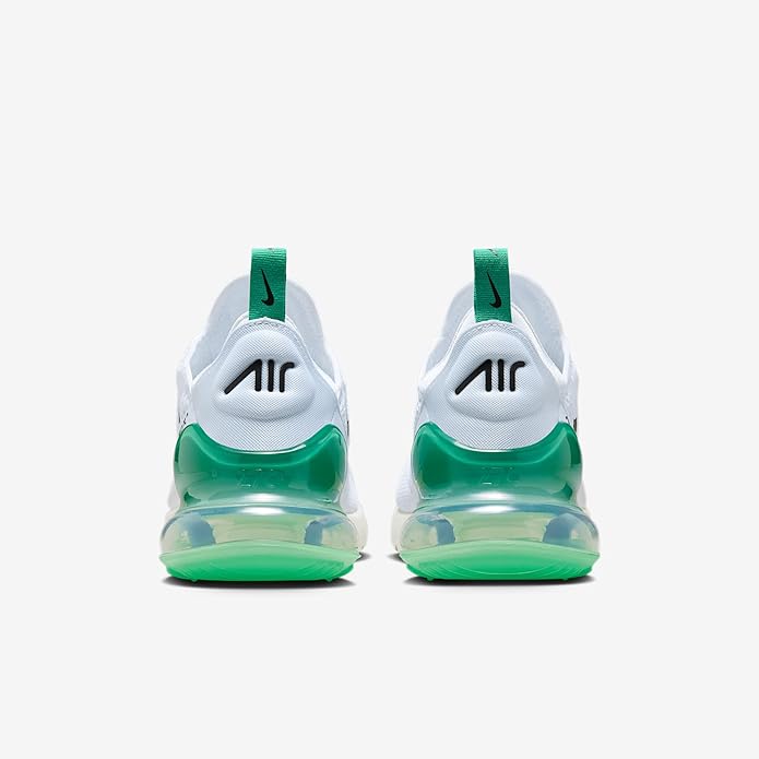 Nike Air Max 270 women's running shoe, back view with green Air heel and white mesh