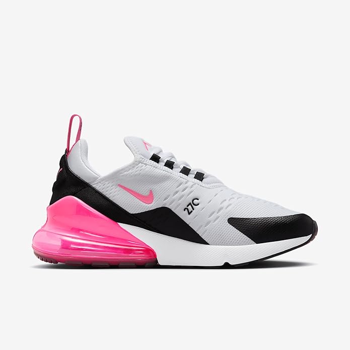 Nike Air Max 270 white running shoe with pink sole air window and black side panel