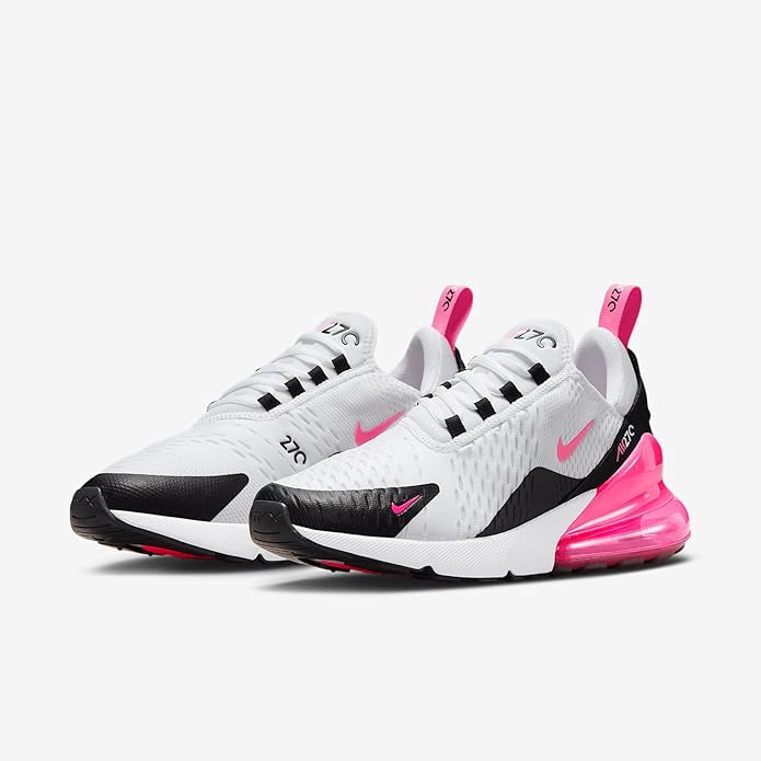 Nike Air Max 270 pair of white sneakers with pink midsoles, black toe caps, and pink laces