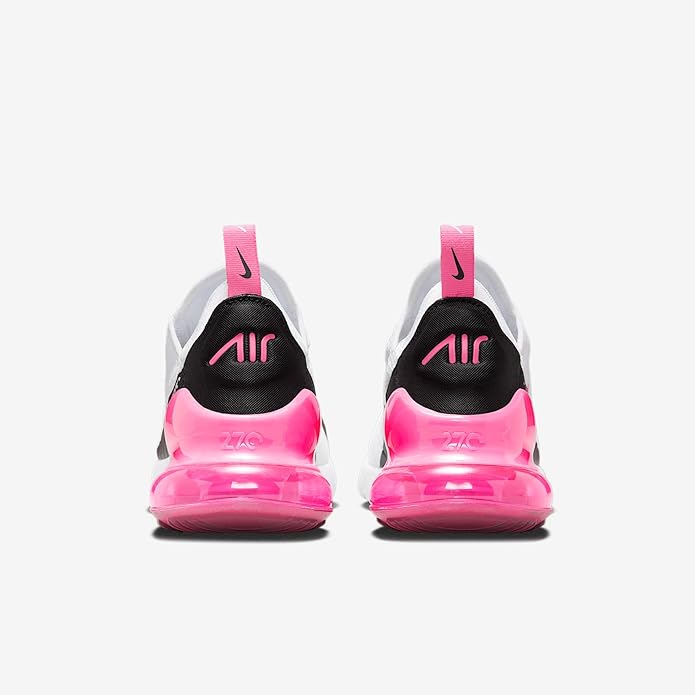 Nike Air Max 270 heel view with white uppers, black collar, pink Air unit, and logo