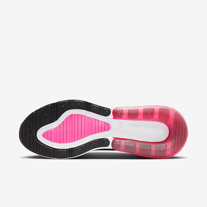 Nike Air Max 270 outsole view with black tread and pink-and-white traction panels