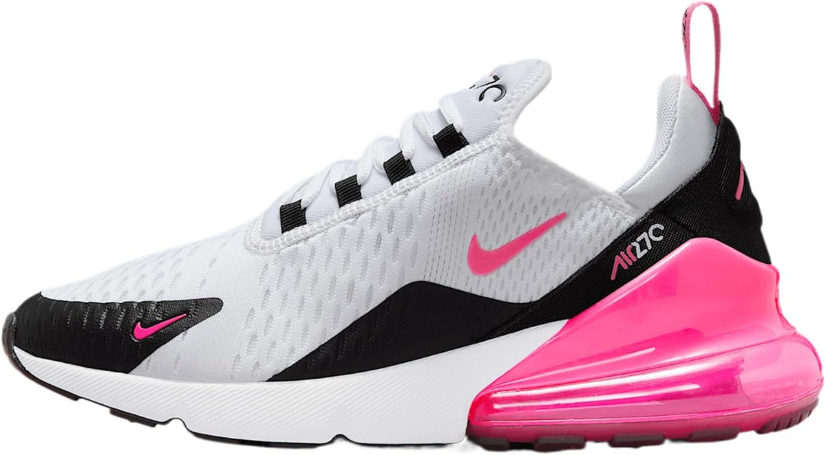 Nike Air Max 270 women's white sneaker with pink heel air unit and black accents