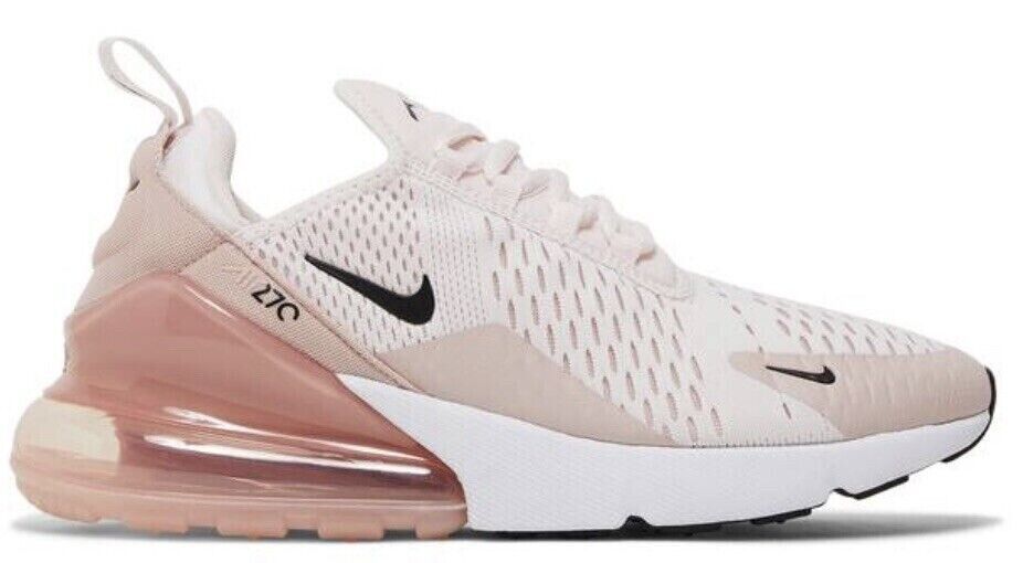 Women's Nike Air Max 270 sneakers in light soft pink with black swoosh and air sole unit
