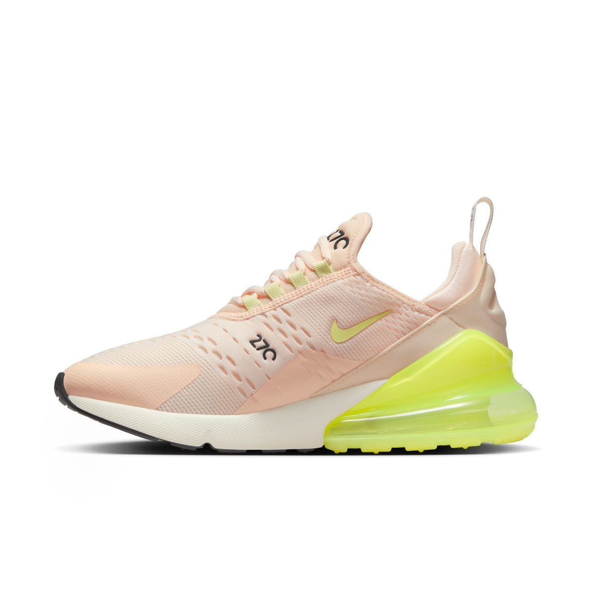 Women's Air Max 270 running shoes in pale pink with neon lime and black accents