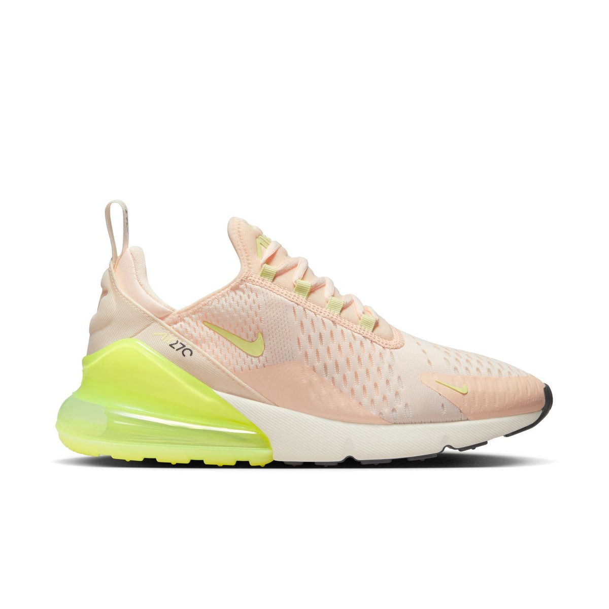 Women's Air Max 270 sneaker side view, pale pink mesh with neon lime air unit