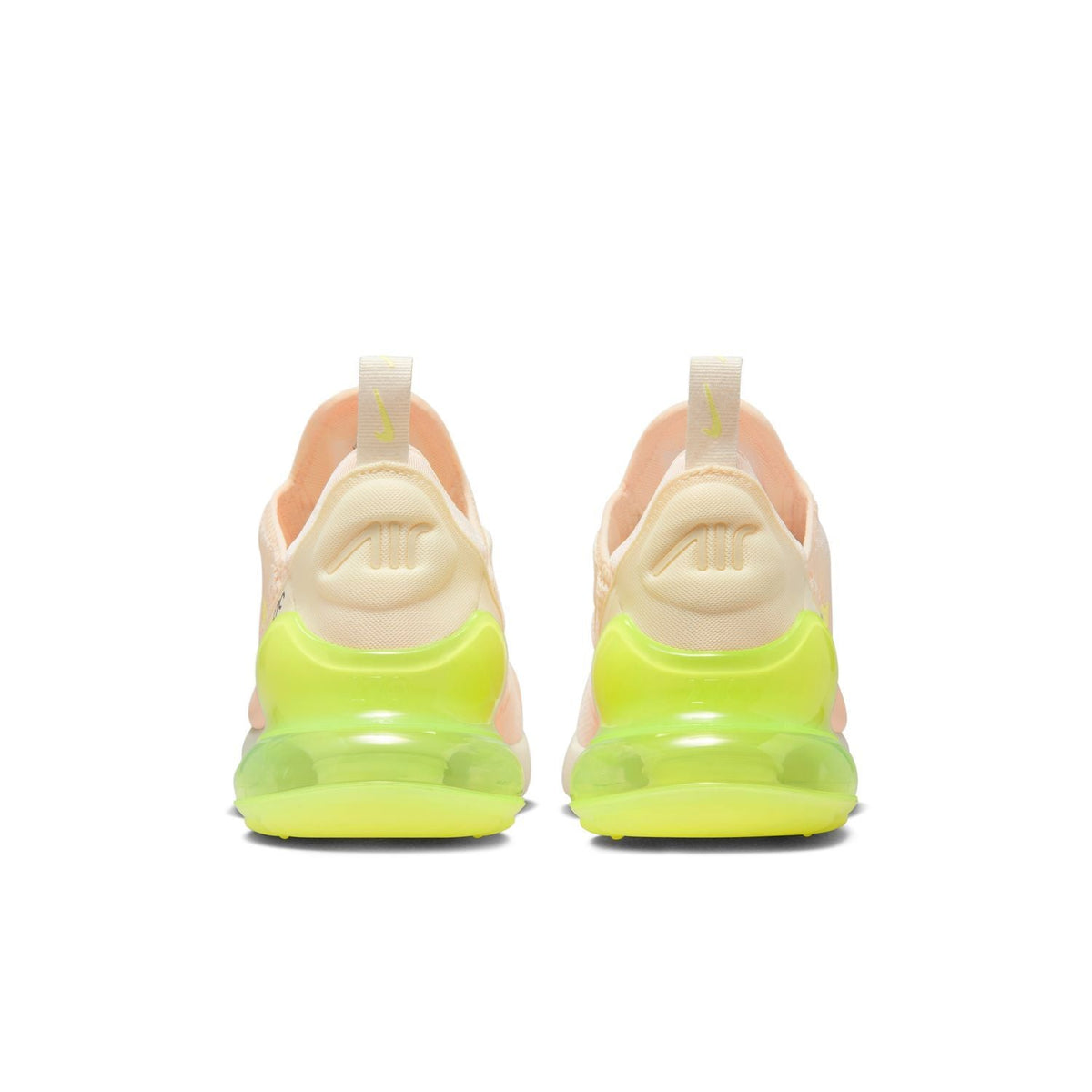 Women's Air Max 270 heel, pale pink cushioning with neon lime translucent Air unit