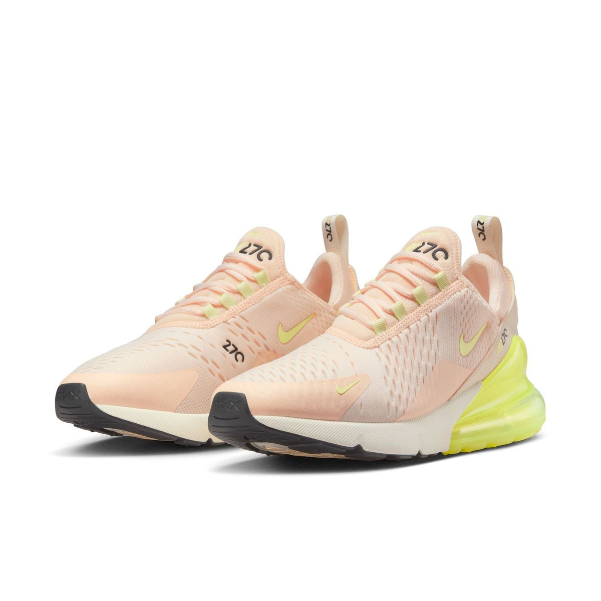 Women's Air Max 270 sneakers, pale pink uppers with neon lime heel and black sole
