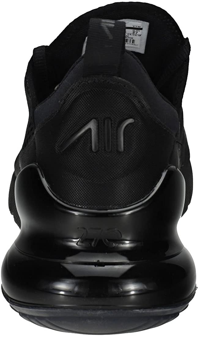 Black Nike Air Max 270 sneakers, back view with heel Air cushioning unit
