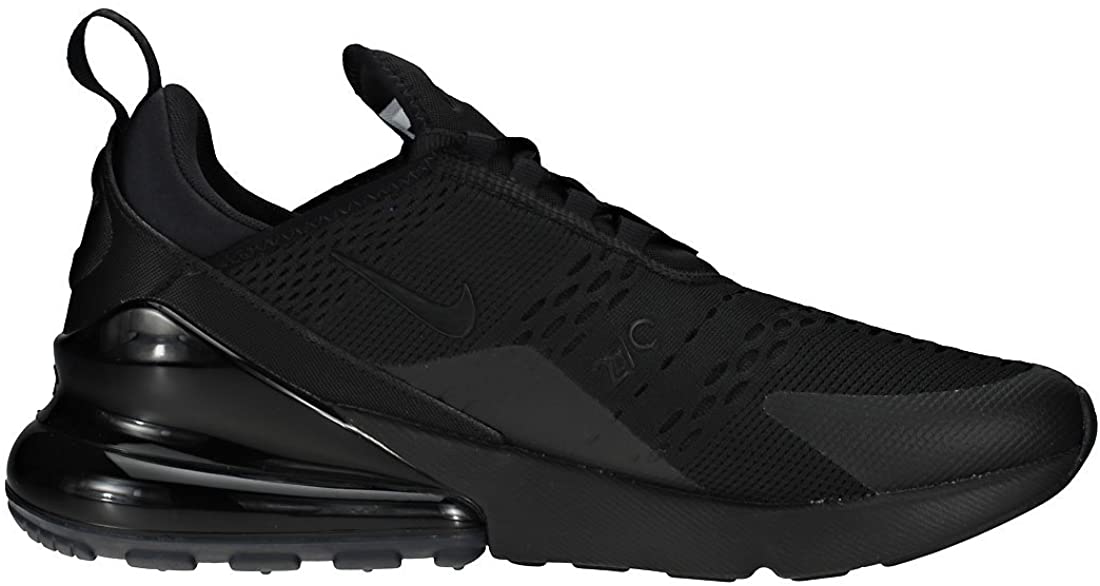 Black Nike Air Max 270 sneakers, front-side angle with Swoosh and lace-up upper