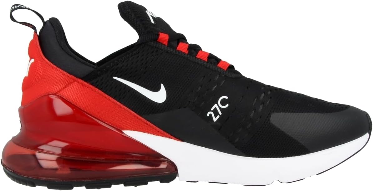 Nike Air Max 270 running shoe, black/red upper with white sole and visible air window