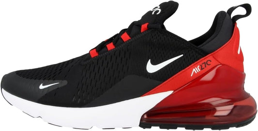 Nike Air Max 270 running shoe, black knit upper, white swoosh, red air unit
