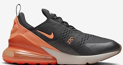 Nike Air Max 270 men’s black sneaker with Total Orange heel and swoosh, angled view.
