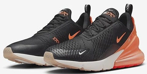 Nike Air Max 270 men’s black sneaker pair with Total Orange heel, front three-quarter view.