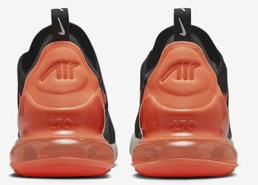 Nike Air Max 270 men’s shoes with black uppers and Total Orange heel pods, rear view.