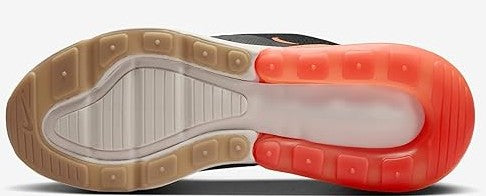 Nike Air Max 270 men’s outsole view with red and gray tread and Air cushioning.
