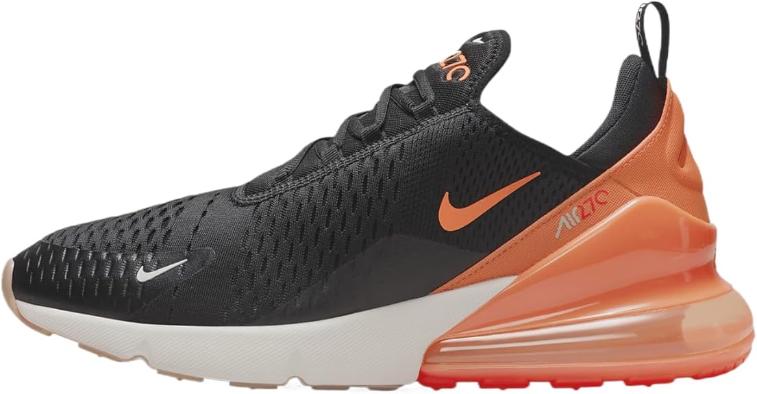 Nike Air Max 270 men’s black sneaker with Total Orange accents, side view.