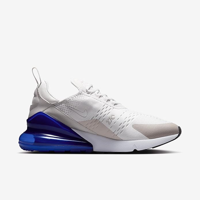 Nike Air Max 270 men’s running shoe, light gray knit upper with blue sole