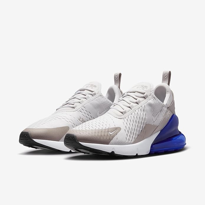 Nike Air Max 270 men’s running shoe pair, light gray mesh with blue cushioning