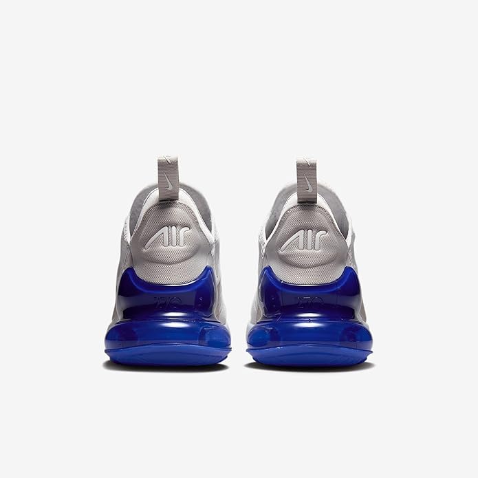 Nike Air Max 270 men’s shoe heels, light gray back with blue Air sole