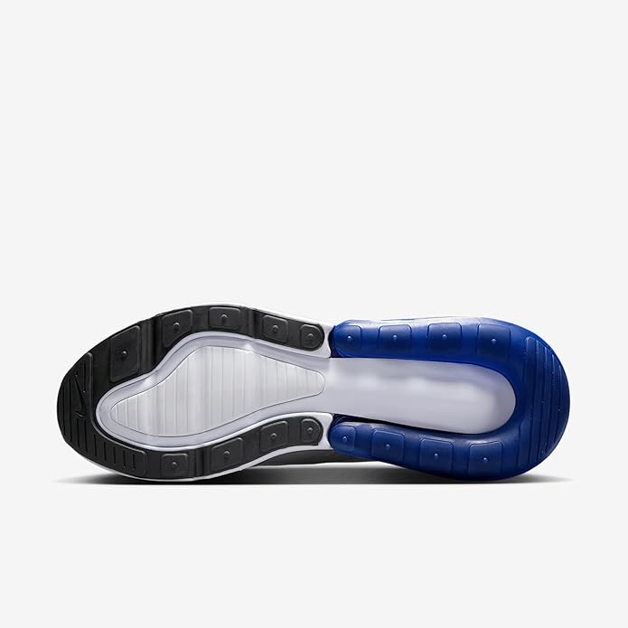 Nike Air Max 270 men’s outsole view, black tread with blue Air heel