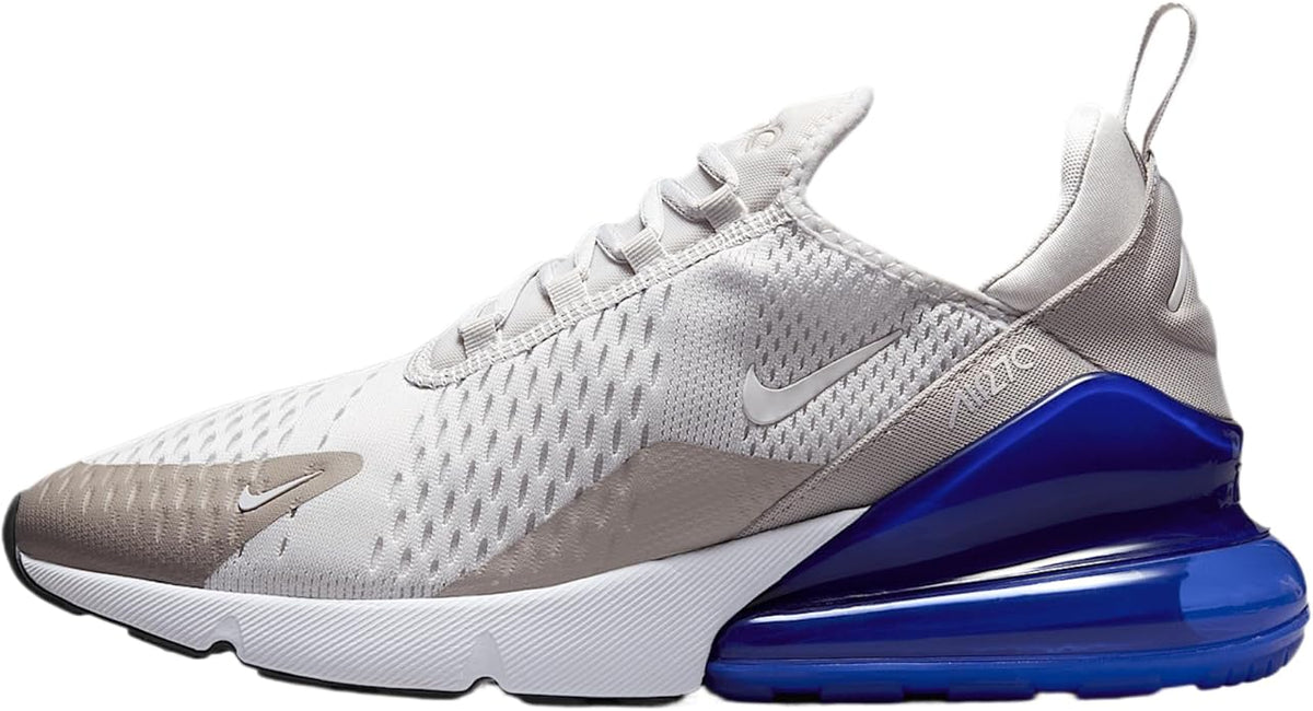 Nike Air Max 270 men’s running shoe in light gray with blue Air sole unit
