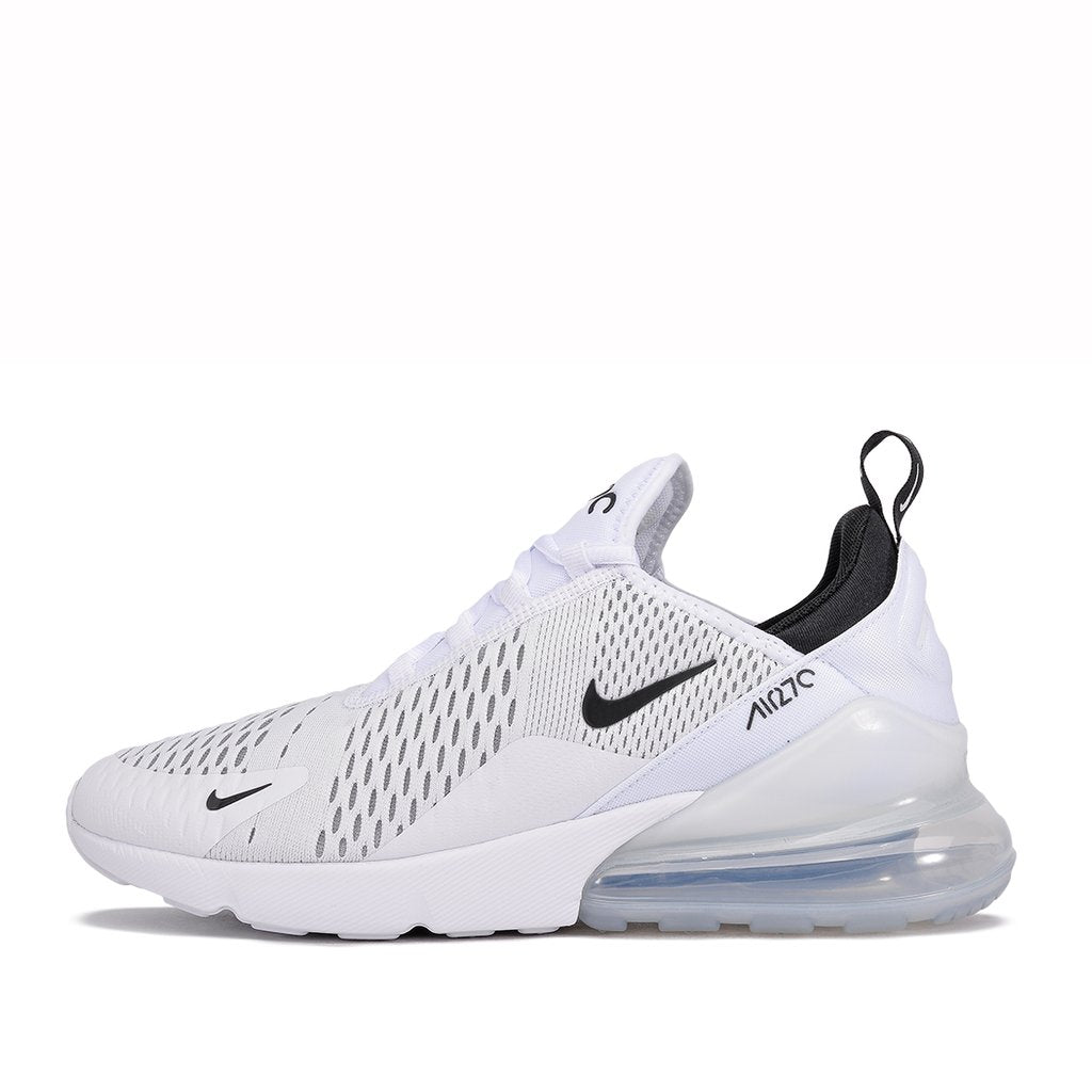 Men's Nike Air Max 270 sneaker, white mesh upper with black accents and Air window