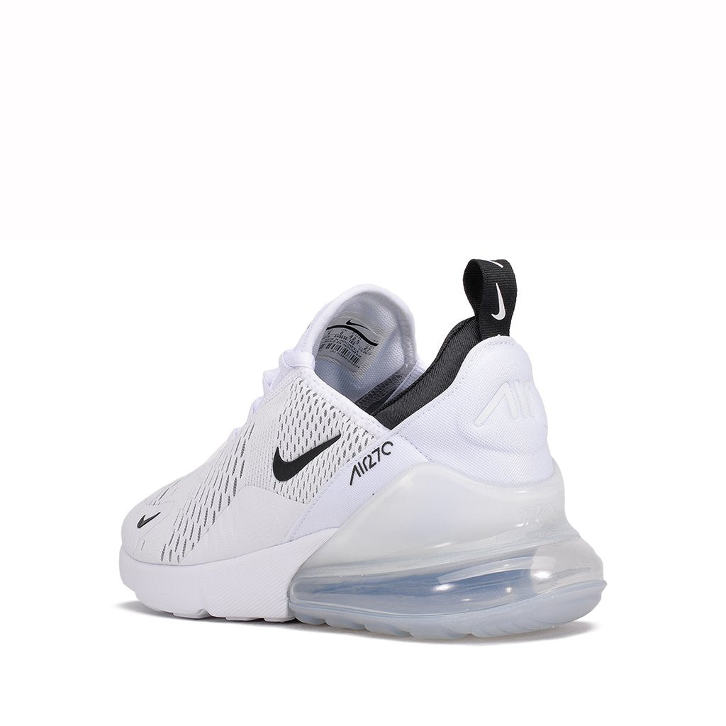 Men's Nike Air Max 270 sneaker side view, white mesh with black heel collar