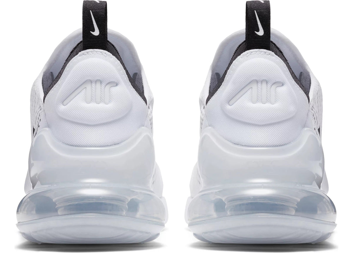 Men's Nike Air Max 270 heel view, white sole with black collar pull tab