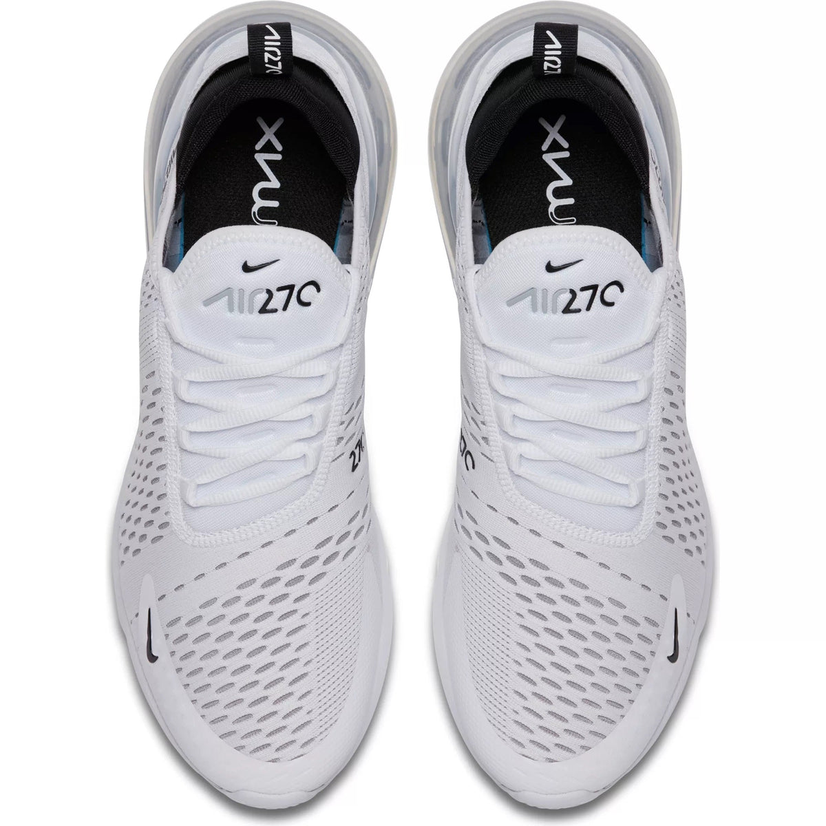 Men's Nike Air Max 270 sneaker top view, white laces and perforated toe panel