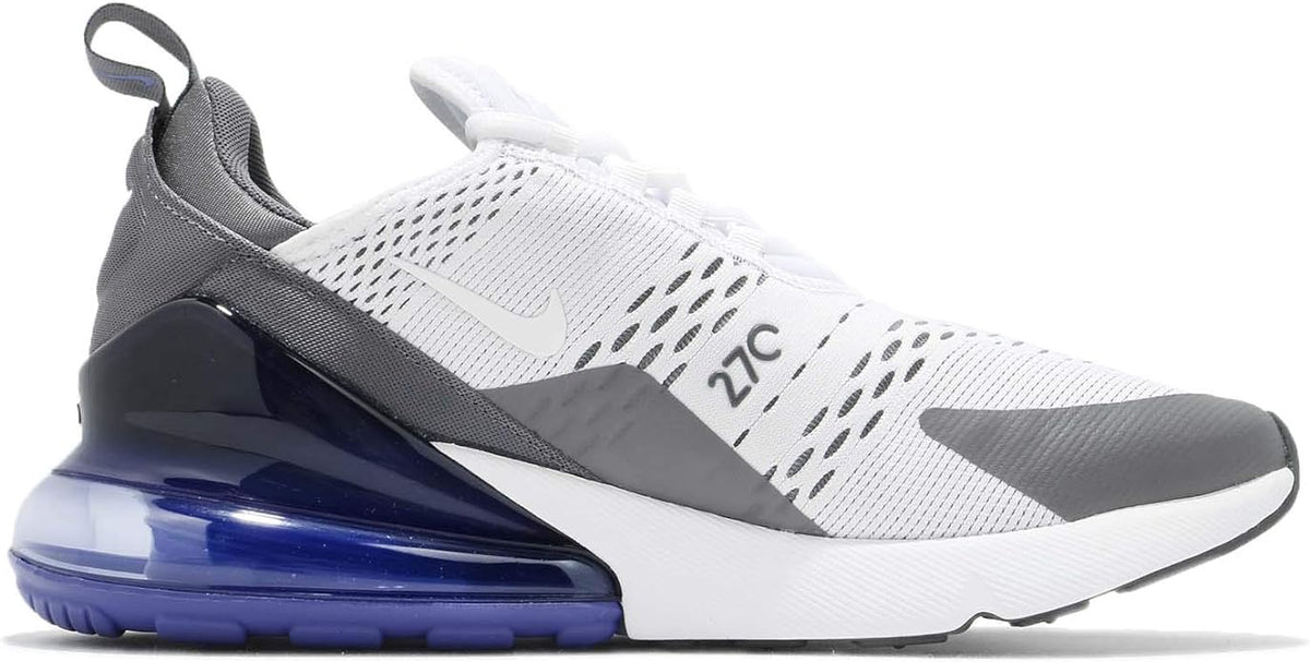Nike Air Max 270 sneakers, white mesh upper with dark gray accents and blue air unit