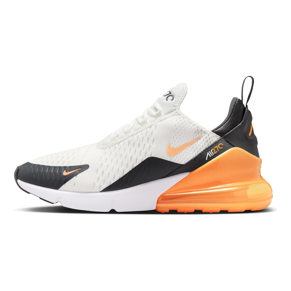 Men's Nike Air Max 270 sneakers with white mesh upper, black side panels, orange heel air unit.