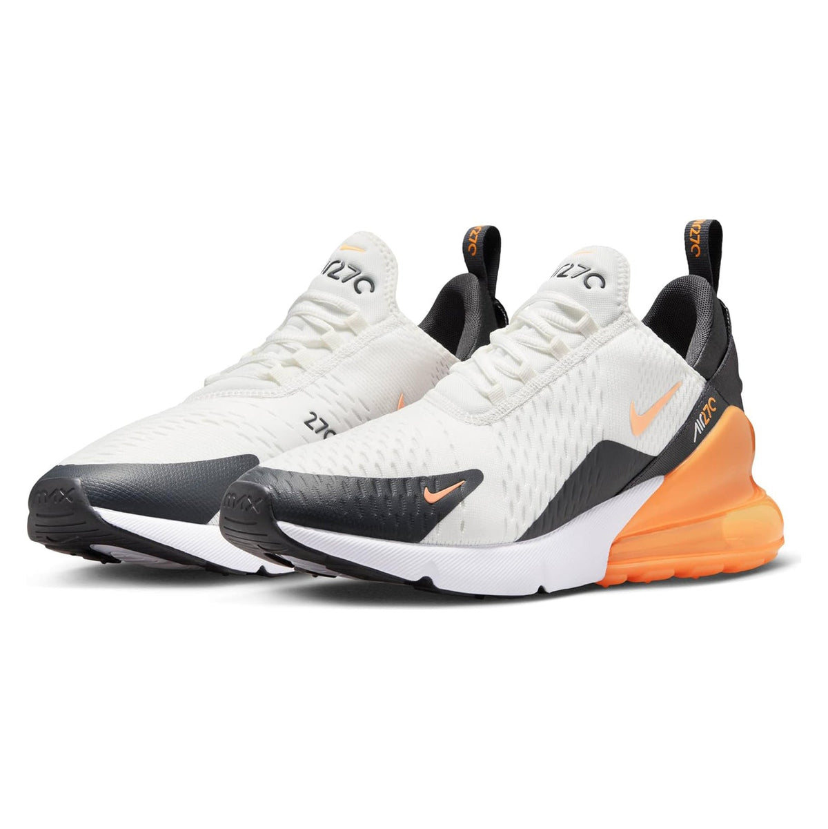 Men's Nike Air Max 270 sneakers side-by-side with white uppers, black details, and orange midsoles.